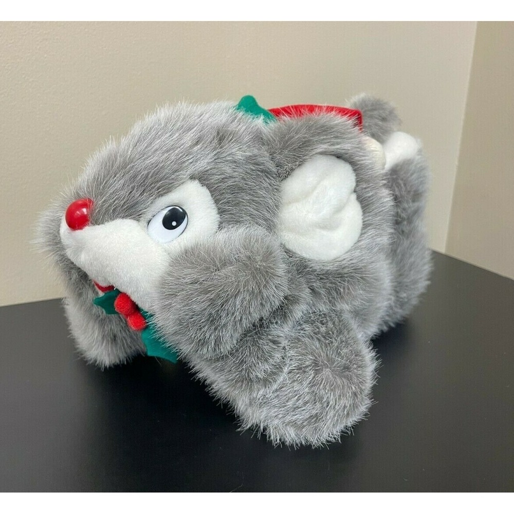 Vintage Gray Christmas Mouse 13" Plush Elf Hat Holly Xmas Red Nose Laying Down